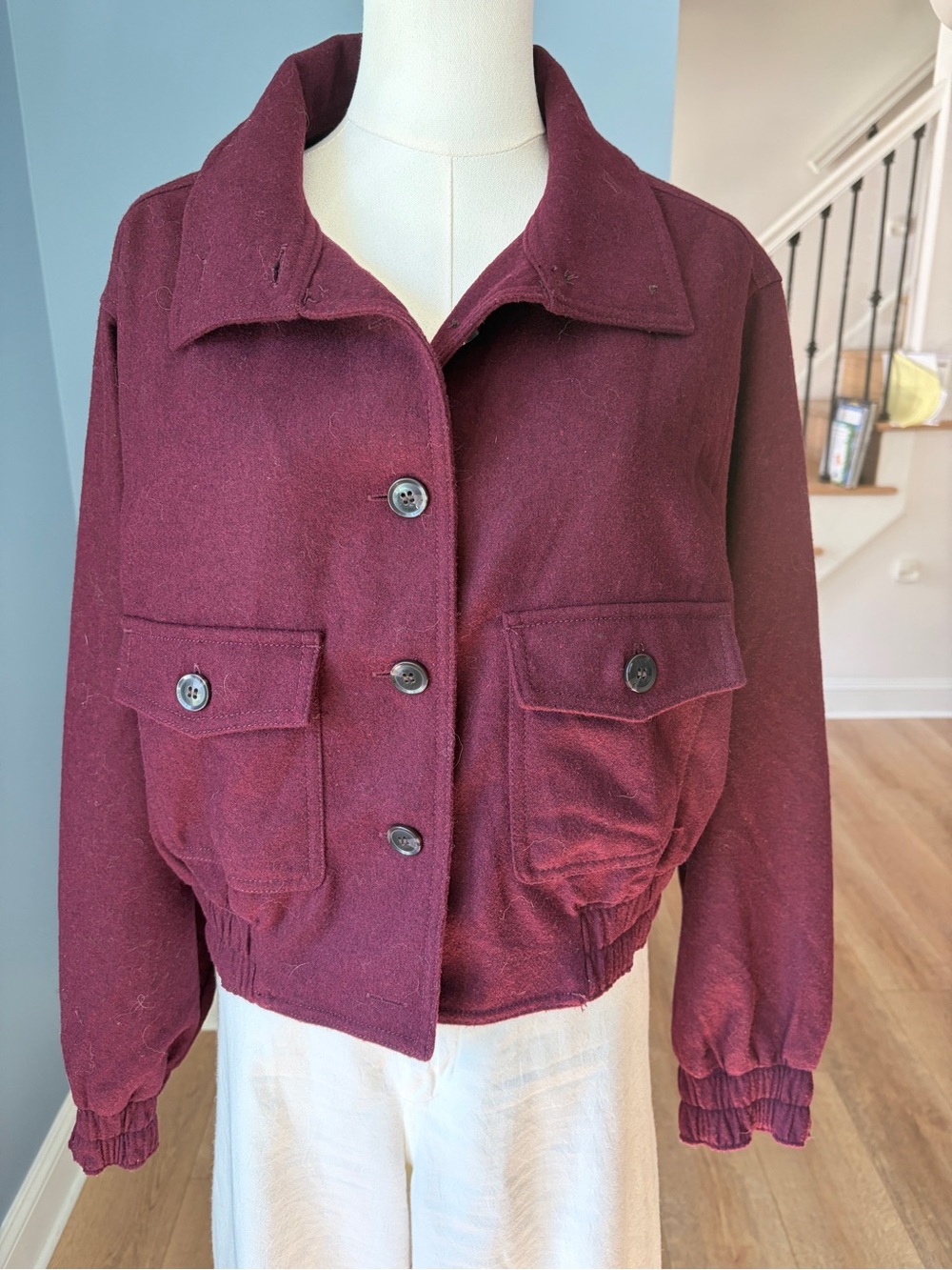 LOFT Burgundy Wool Blend Cropped Utility Jacket Shacket XS NWT